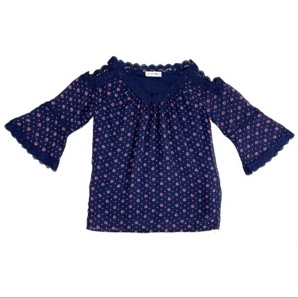 Knit Works Girls Blue Floral Polka Dot Cold Shoulder Blouse Size L - Plus 14 - 1